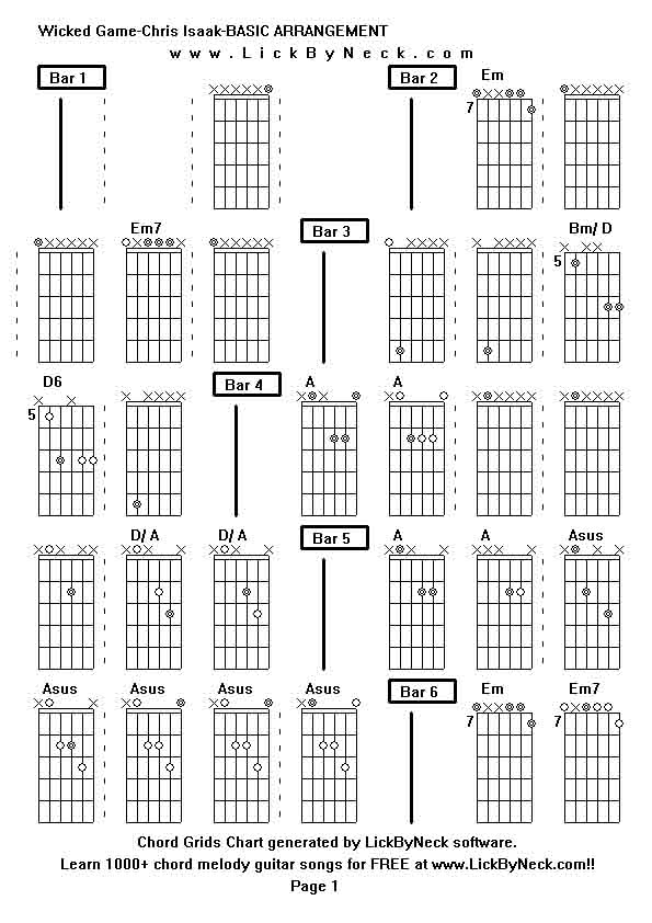 Chord Grids Chart of chord melody fingerstyle guitar song-Wicked Game-Chris Isaak-BASIC ARRANGEMENT,generated by LickByNeck software.